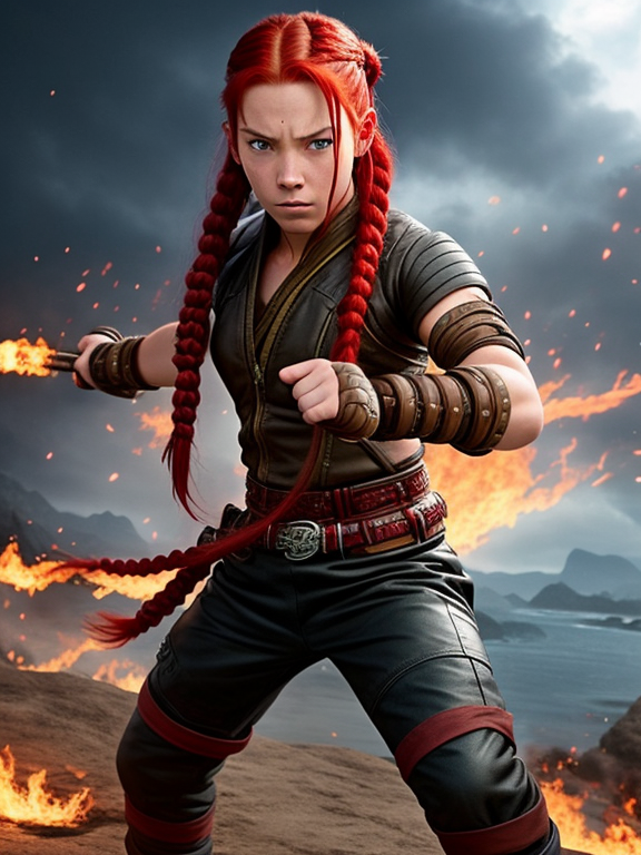 badass, braided red hair, cute, tough, angry, teenage, girl, action pose: attacking, wearing black leather, in the style of avatar: the last airbender