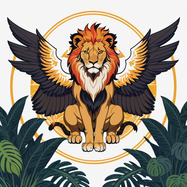 A lion with 3 pairs of wings, planar vector, character design, japan style artwork, on a shamanic vision quest, with beautiful nocturnal sun and lush Amazon jungle in the background, subtle geometric patterns, clean white background, professional vector, full shot, 8K resolution, deep impression illustration, sticker type, vibrant color, colorful background, a painting illustration , 2D