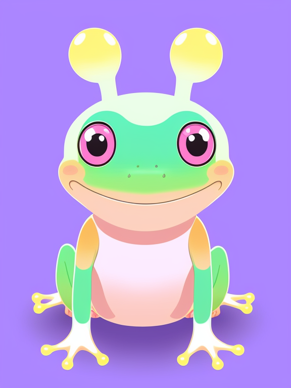 Pastel rainbow frog, chibi art, chibi, kawaii, pastel, frog, no extra limbs, no negative anatomy, vector, vibrant color, incredibly high details, white background, plashing colors, Cartoon character, stickers designs
