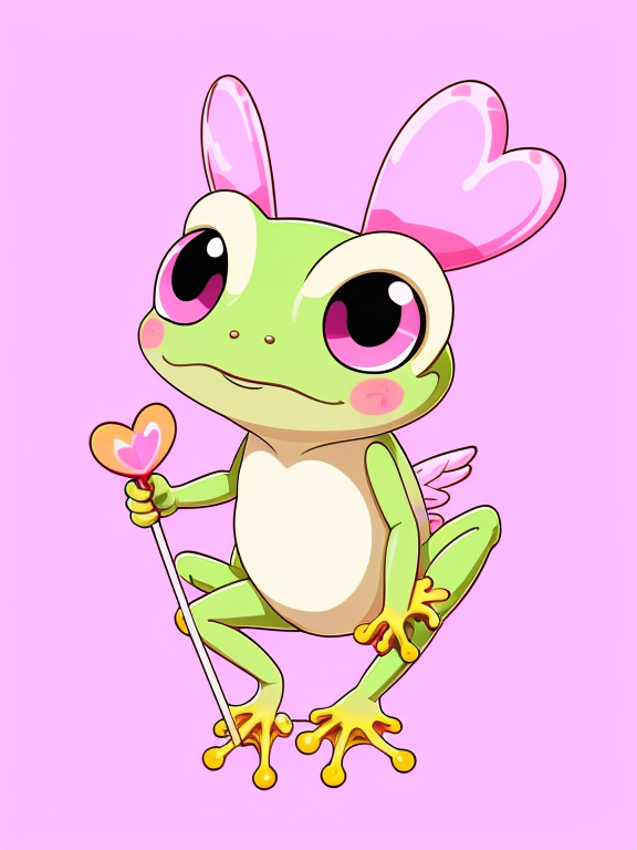 Cupid frog, chibi art, chibi, kawaii, pastel, frog, no extra limbs, no negative anatomy, vector, vibrant color, incredibly high details, white background, plashing colors, Cartoon character, stickers designs
