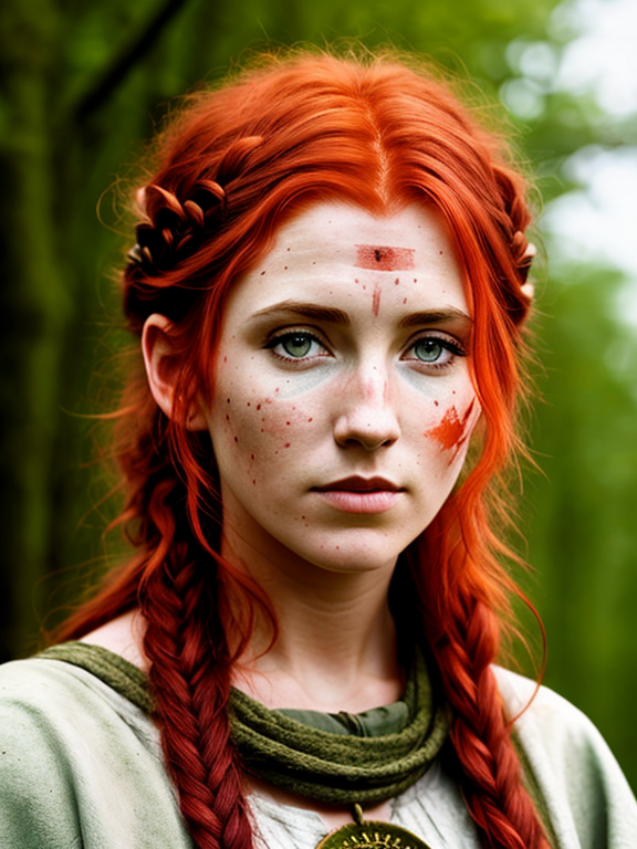 Irish red-haired female druid, rough, woad markings, scars