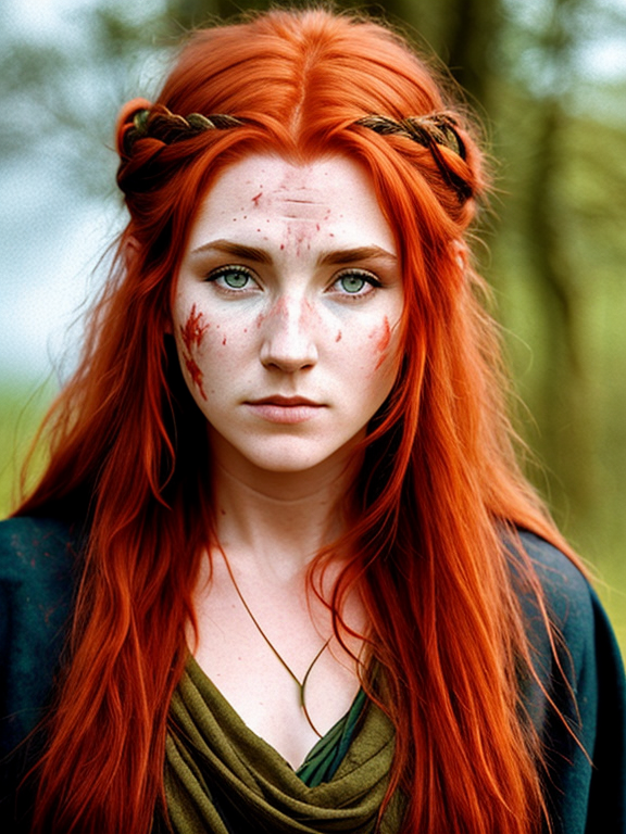 Irish red-haired female druid, rough, woad markings, scars
