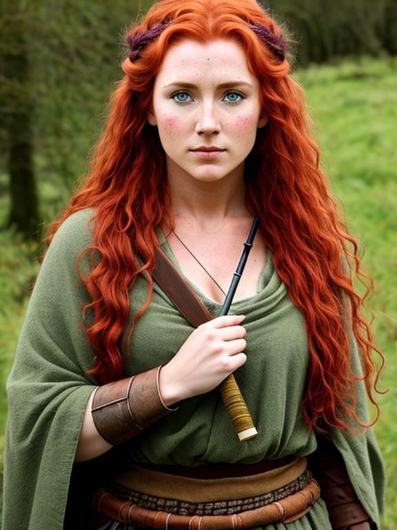Irish red-haired female druid, rough, woad markings