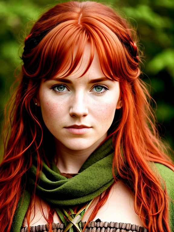 Irish red-haired female druid, rough, woad markings
