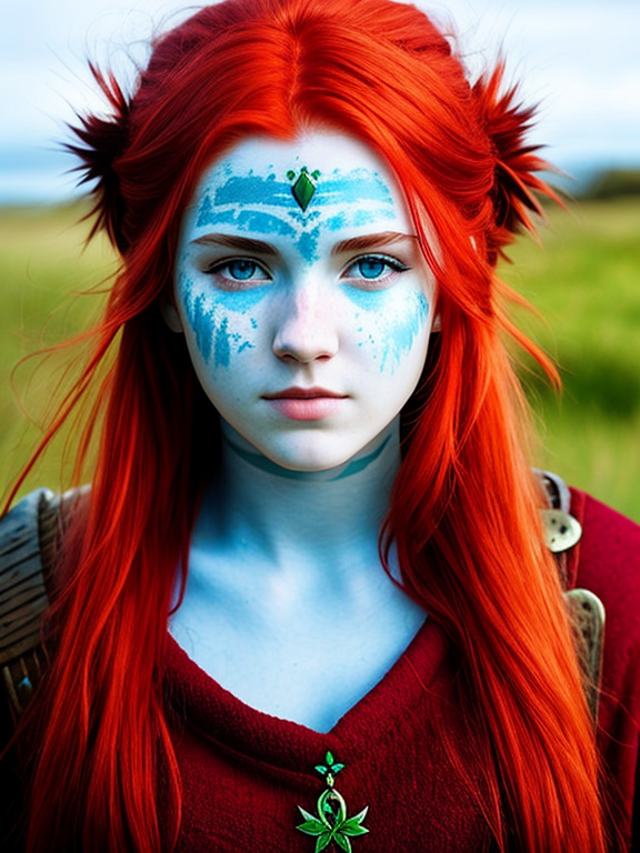 red-haired irish teen who has lived a hard life before becoming a druid, has blue celtic war paint