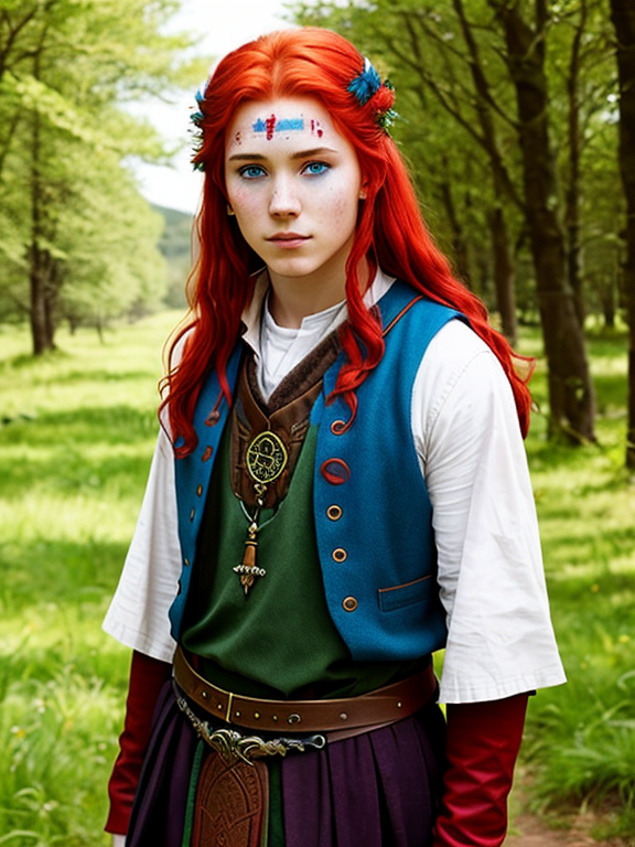red-haired irish teen who has lived a hard life before becoming a druid, has blue celtic war paint