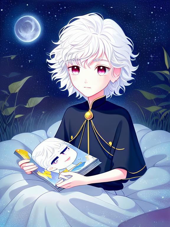 whitehair boy with pink eyes, dark night, Bedtime story, starry night with big moon, dreamy fantasy, matte palette, delicate details, by Tracie Grimwood, children book artistic illustration, 8K UHD --v 4, Pixar style, disney style