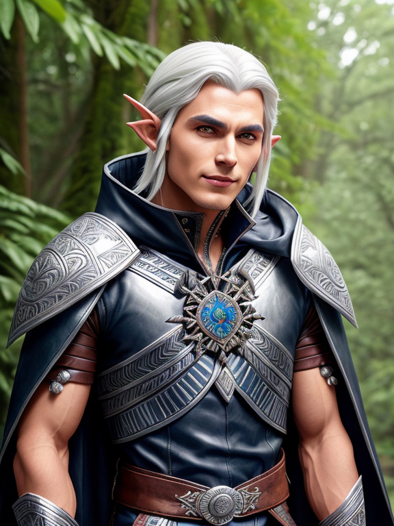 Male half elf
silver skin
white hair 
shimmery eyes
dnd character art
wearing leather clothes
kind whimsy joy smile, shoulder pads made from intricate wood carvings, stalking cape, hood, winds howl in the trees, natures wrath, r1ge, aztec warrior queen , aztec warrior style