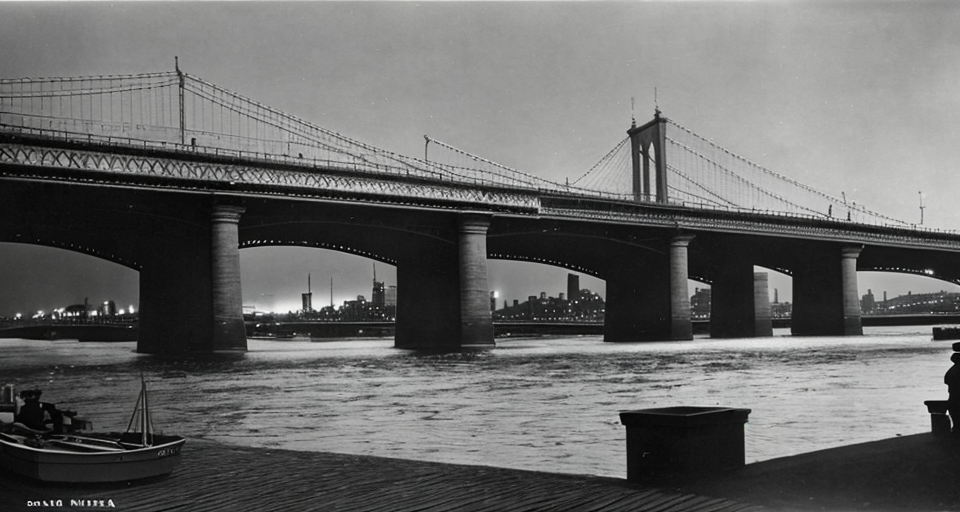 Imaginez une scène nocturne sur les quais de New York en 1915. Décrivez un décor où deux hommes courent , à quelques mètres de distance l'un de l'autre, ils sont en fuite. En arrière-plan, le pont de Brooklyn et des gratte-ciel datant de 1910. Décrivez le quai comme étant éclairé par des lampes suspendues entre les hangars, avec des bateaux et un remorqueur amarrés sur des débarcadères en bois. Enfin, incluez une fourgonnette Ford T garée près de l'un des hangars dans cette scène vivante.