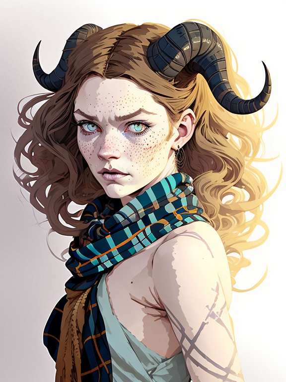 draw a female satyr, curly long brown hair, blue eyes, freckles, horns and a royal dress, blue eyes, tartan scarf, white hair by atey ghailan, by greg rutkowski, by greg tocchini, by james gilleard, by joe fenton, by kaethe butcher, gradient yellow, black, brown and magenta color scheme, grunge aesthetic!!! graffiti tag wall background, highly detailed portrait