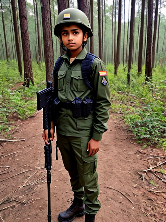 13 year old indian boy : wearing military clothes : with rifel in hand : broken helmet : standing in forest 