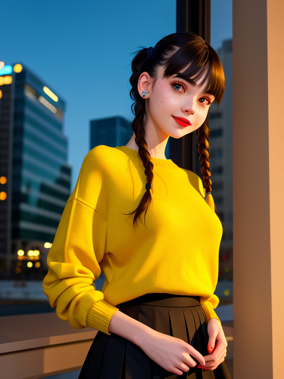 Pretty girl with long dark hair is wearing a bright yellow sweater