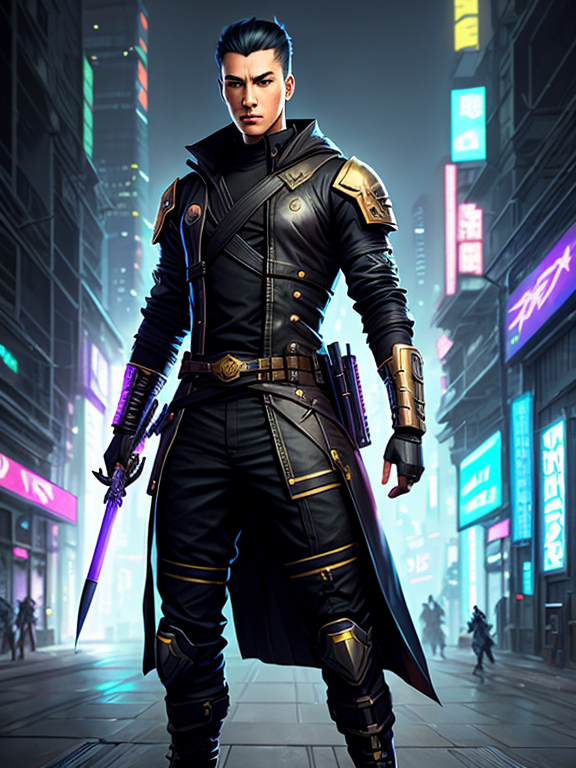 cyberpunk ninja, hyper realistic, A character concept art by illustrator at riot games!! by artgerm, greg rutkowski and alphonse mucha, arcane!! t pose, full body!! clear portrait of a lonely attractive man in heavy armor!! fantasy weapon!! light effect, hyper detailed, glowing lights!!