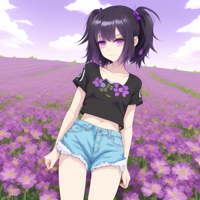 Anime gith femboy with short black hair, purple eyes, wearing a