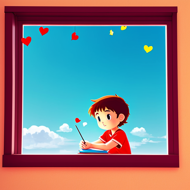 Cartoon Heart broken boy writing something besides a window and watching birds chirping outside. 
Make photo in wide frame 