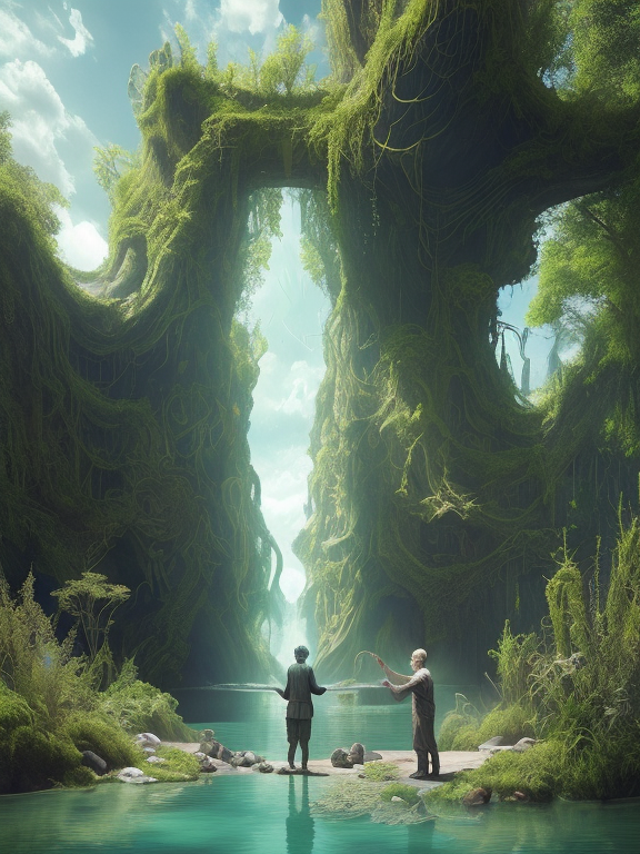young explorer being greeted by a weird naked decrepit old man next to a river on a sunny summer day, lovecraft style, Caustics, Studio photo, A otherworldly passage portal arbotecture, Rzminjourneyext, Rzminjourney, By rzPassageExt, By Salvador Dali, Inception the movie style, 16k resolution, UHD