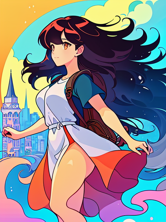 girl walking in a bright red city with long brown messy hair surrounded by big buildings dancing in the street , black curly-silky hair, tan skin, wearing a backpack, style cartoon, colors, two-dimensional, planar vector, character design, T-shirt design, stickers, colorful splashes, and T-shirt design, Studio Ghibli style, soft tetrad color, vector art, fantasy art, watercolor effect, Alphonse Mucha, Adobe Illustrator, digital painting, low polygon, soft lighting, aerial view, isometric style, retro aesthetics, focusing on people, 8K resolution, octane render