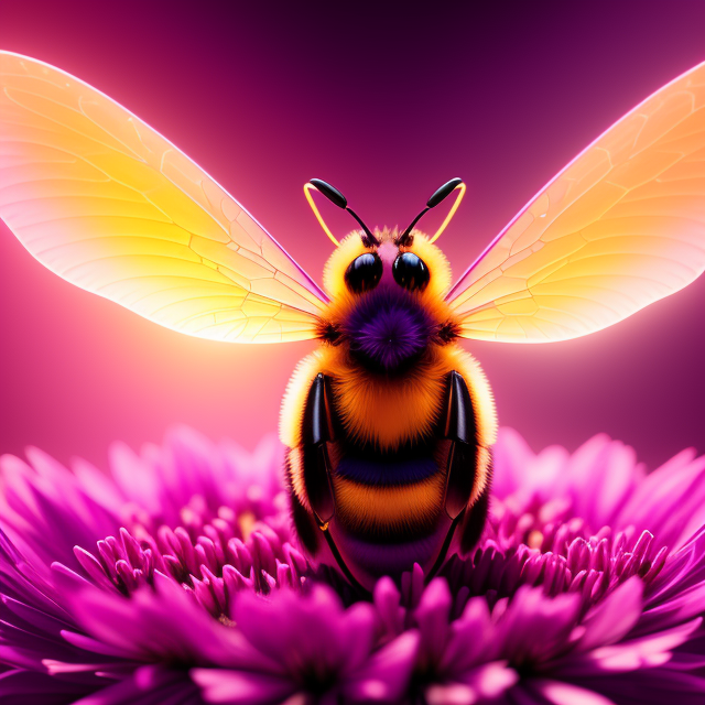 a happy bee glowing in the warm sunshine surrounded by vibrant colors of purple and pink glowing, In the style of mike campau, Vray tracing, Serge marshennikov, Photo-realistic techniques, Energetic and bold, Mottled, Janek sedlar