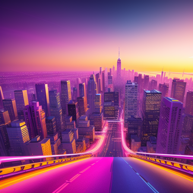 beautiful skyline view of the city with vibrant colors of pink purple and yellow, In the style of mike campau, Vray tracing, Serge marshennikov, Photo-realistic techniques, Energetic and bold, Mottled, Janek sedlar