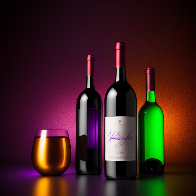 three bottles of wine glowing and surrounded by deep purple colors, In the style of mike campau, Vray tracing, Serge marshennikov, Photo-realistic techniques, Energetic and bold, Mottled, Janek sedlar
