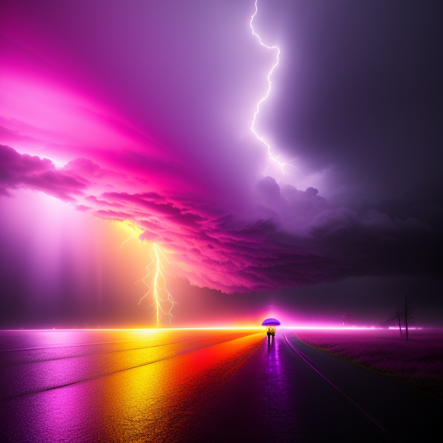 rain storm surrounded by glowing colors of pink purple and yellow, In the style of mike campau, Vray tracing, Serge marshennikov, Photo-realistic techniques, Energetic and bold, Mottled, Janek sedlar