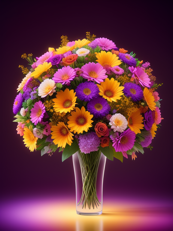 huge boquet of flowers with vibrant colors of purple orange yellow and pink glowing, In the style of mike campau, Vray tracing, Serge marshennikov, Photo-realistic techniques, Energetic and bold, Mottled, Janek sedlar