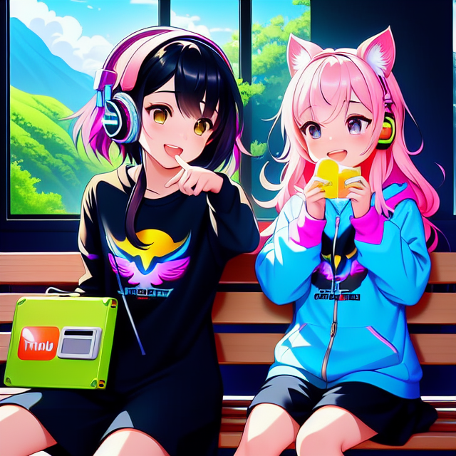 2 friends acting silly with music  sitting on the bench surrounded by glowing sunshine, scenic view window, digital art by artists such as Loish, Ross Tran, and Artgerm, highly detailed and smooth, with a playful and whimsical feel, trending on Artstation and Instagram, 2d art, Lofi Music Anime Illustrations Wallpapers, unique and eye-catching thumbnails, covers for your YouTube videos and music tracks, Vector illustration, 2D, Anime style