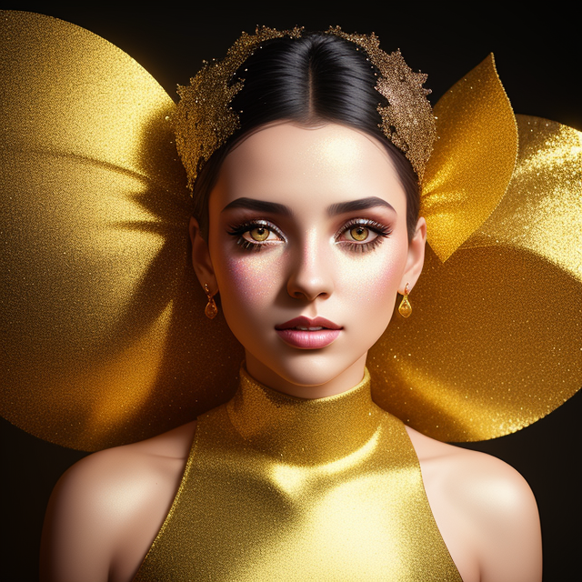 glitter girl glowing surrounded by gold , In the style of mike campau, Vray tracing, Serge marshennikov, Photo-realistic techniques, Energetic and bold, Mottled, Janek sedlar