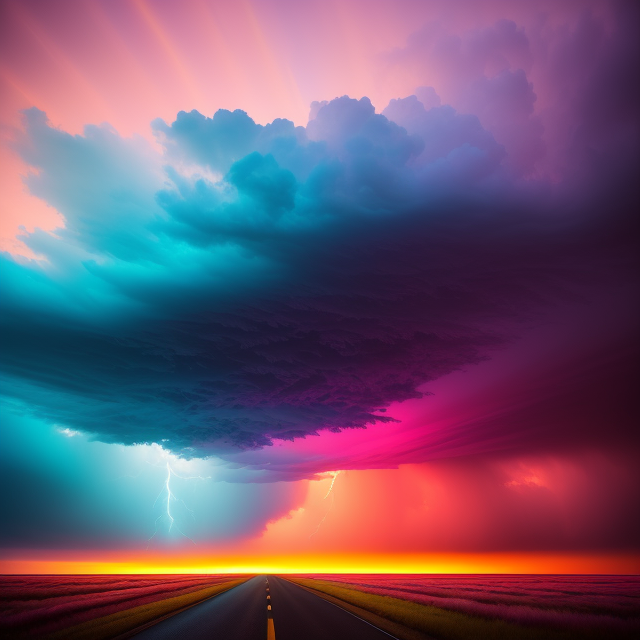 clouds after a storm surrounded by glowing colors of blue, yellow, and pink, In the style of mike campau, Vray tracing, Serge marshennikov, Photo-realistic techniques, Energetic and bold, Mottled, Janek sedlar