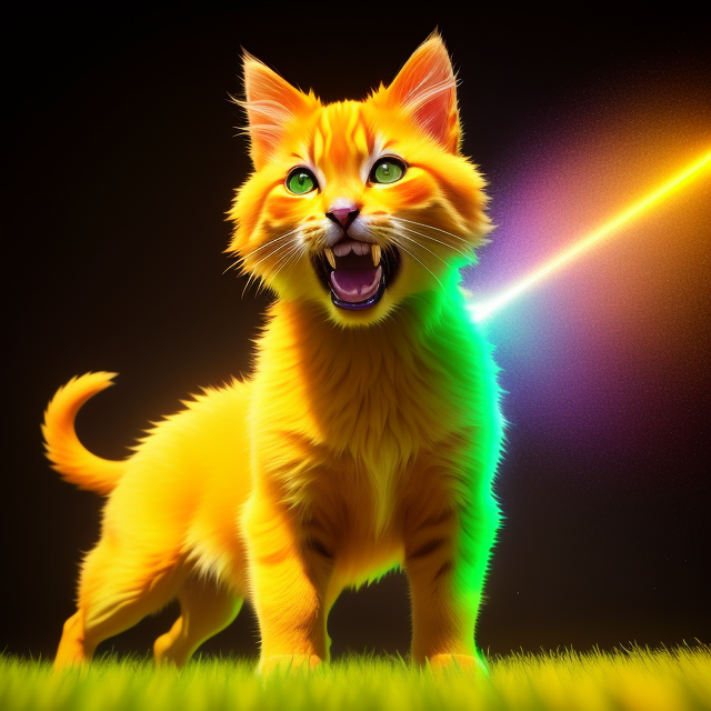 a beautiful kitten roaring at a HUGE dog surrounded by glowing colors of yellow and green, In the style of mike campau, Vray tracing, Serge marshennikov, Photo-realistic techniques, Energetic and bold, Mottled, Janek sedlar