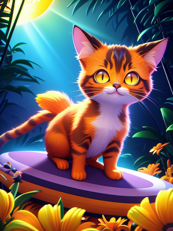 cute kitten on a surfboard under the sun surrounded by vibrant colors of orange and yellow with flowers in purple and glowing, Pixar, Disney, concept art, 3d digital art, Maya 3D, ZBrush Central 3D shading, bright colored background, radial gradient background, cinematic, Reimagined by industrial light and magic, 4k resolution post processing, Bangs, in a jungle