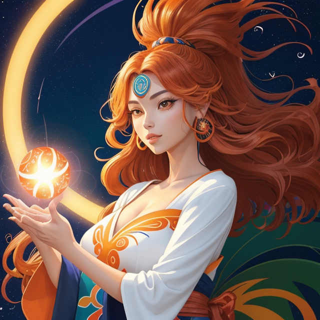 beautiful woman with large beautiful hair sparkling in the windy night surrounded by vibrant colors of orange and blue, planar vector, character design, japan style artwork, on a shamanic vision quest, with beautiful nocturnal sun and lush Amazon jungle in the background, subtle geometric patterns, clean white background, professional vector, full shot, 8K resolution, deep impression illustration, sticker type, vibrant color, colorful background, a painting illustration , 2D