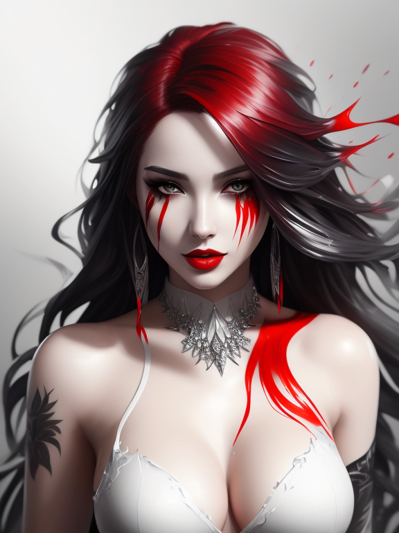 Splash art, beautiful woman with long messy red hair bold red lipstick blowing a kiss at the camera surrounded by silver, black and gray glowing, ((white background)), roaring, epic Instagram, artstation, splash style of colorful paint, contour, hyperdetailed intricately detailed, unreal engine, fantastical, intricate detail, splash screen, complementary colors, fantasy concept art, 8k resolution, deviantart masterpiece, oil painting:1, heavy strokes, paint dripping, splash arts