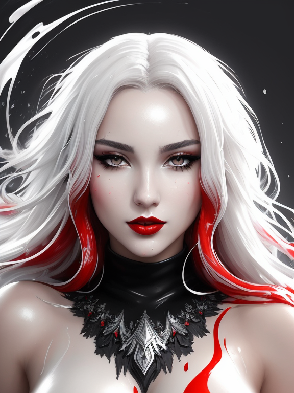 Splash art, beautiful woman with long messy red hair bold red lipstick blowing a kiss at the camera surrounded by silver, black and gray glowing, ((white background)), roaring, epic Instagram, artstation, splash style of colorful paint, contour, hyperdetailed intricately detailed, unreal engine, fantastical, intricate detail, splash screen, complementary colors, fantasy concept art, 8k resolution, deviantart masterpiece, oil painting:1, heavy strokes, paint dripping, splash arts