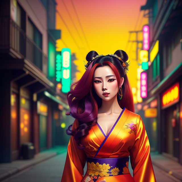 Geisha Girl with long red hair purple outfit surrounded by yellow and green neon lights in the city peacefully oil painting, In the style of mike campau, Vray tracing, Serge marshennikov, Photo-realistic techniques, Energetic and bold, Mottled, Janek sedlar