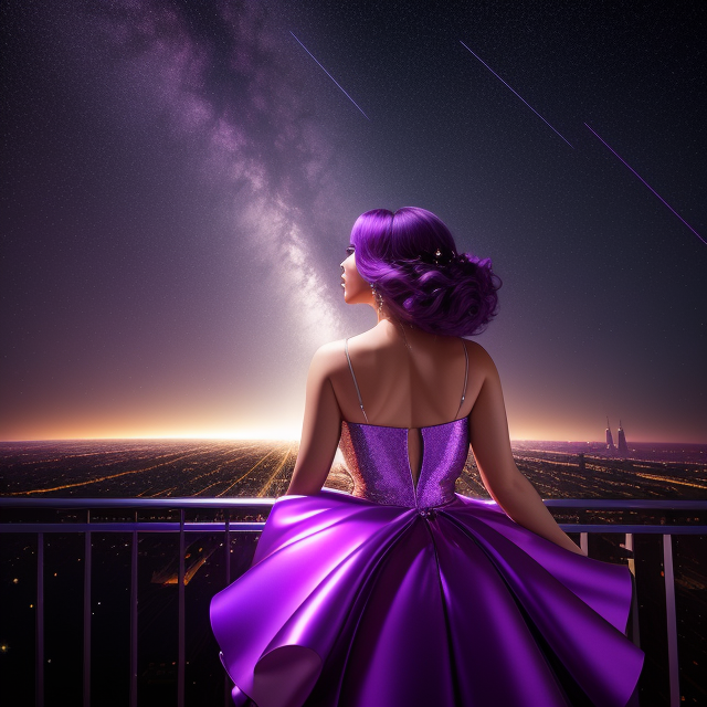 shooting star surrounded by glowing colors of purple watching from my balcony with a beautiful silver dress showing off my curves from behind, In the style of mike campau, Vray tracing, Serge marshennikov, Photo-realistic techniques, Energetic and bold, Mottled, Janek sedlar