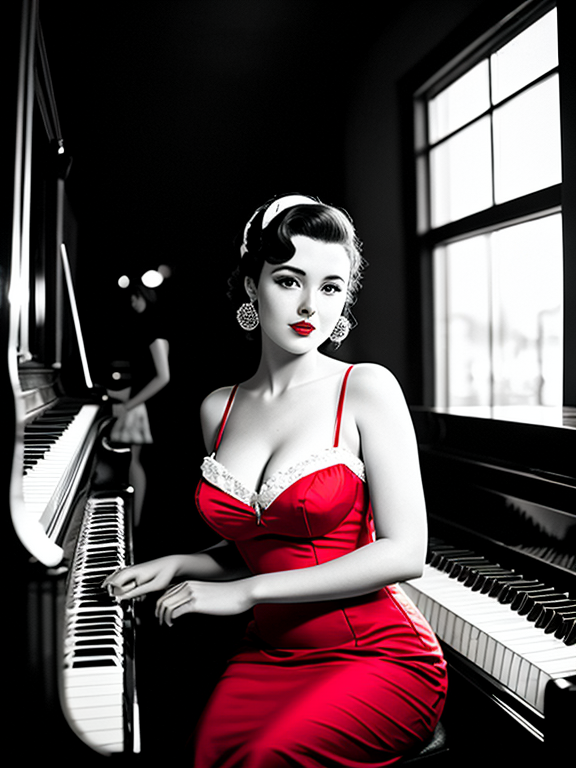 vintage pinup woman standing next to a piano at a jazz club holding a cigarette black and white glowing photo with just the lady wearing a red dress close up anime style