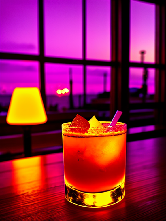 glowing glass of rum at a bar surrounded by glowing colors of purple and orange