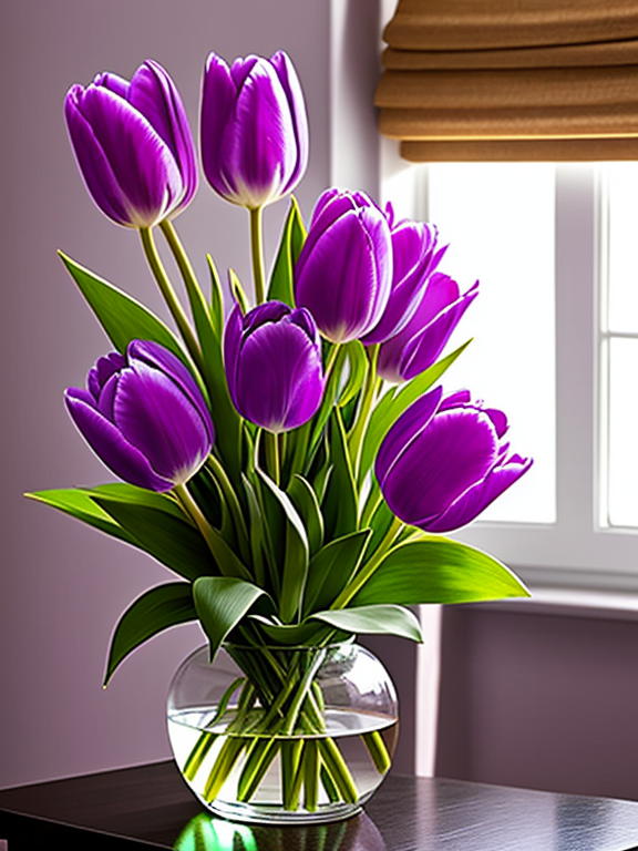 beautiful purple tulips glowing in a gorgeous vase surrounded by the sun