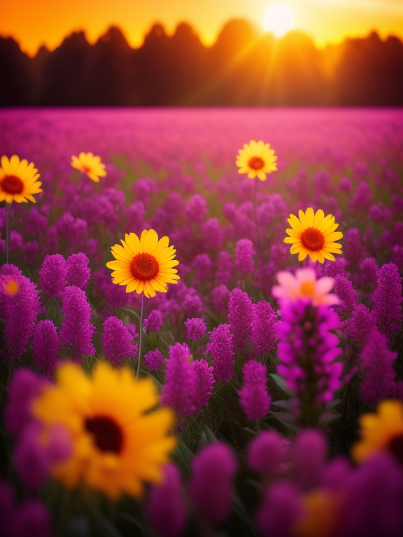 beautiful flowers in pink and yellow glowing in a field during a sunset surrounded by vibrant colors of purple, In the style of mike campau, Vray tracing, Serge marshennikov, Photo-realistic techniques, Energetic and bold, Mottled, Janek sedlar