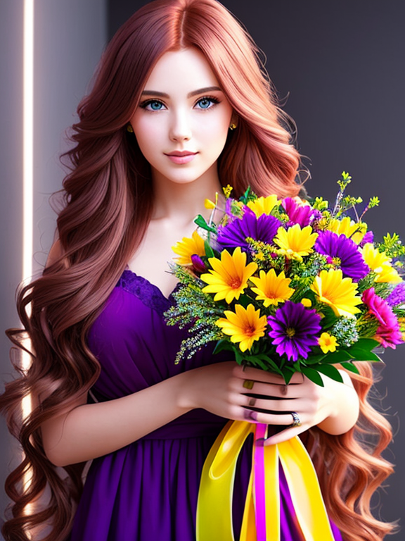 beautiful woman with long messy reddish blondish hair carrying a huge boquet of beautiful bloomed vivid purple flowers surrounded by glowing colors of neon purple and yellow