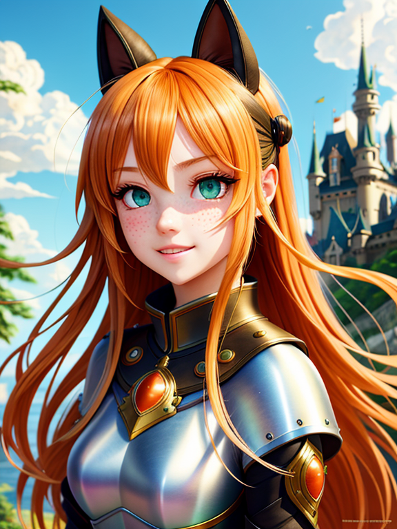 highres, masterpiece, perfect lighting, bloom, night, dark, cinematic lighting, perfect skin, hyper realistic watercolor masterpiece,  petite, orange hair, long hair, green eyes, orange cat ears, black choke collar, sapphire pendant, wearing emerald armour,
Medieval fantasy, beautiful, pretty, kawaii anime girl, smile, castle background
hyperrealistic watercolor masterpiece, smooth soft skin, big dreamy eyes, beautiful fluffy volume hair, symmetrical, anime wide eyes, soft lighting, detailed face, wlop, concept art, digital painting, looking into camera, heel

hyper realistic masterpiece, highly contrast water color pastel mix, sharp focus, digital painting, pastel mix art, digital art, clean art, professional, contrast color, contrast, colorful, rich deep color, studio lighting, dynamic light, deliberate, concept art, highly contrast light, strong back light, hyper detailed, super detailed, render, CGI winning award, hyper realistic, ultra realistic, UHD, HDR, 64K, RPG, inspired by wlop, UHD render, HDR render, looking at viewer, vivid green eyes, thick eyebrows, parted bangs, freckles, long flowing hair, ponytail, smile