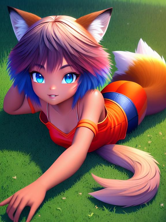 

A African American girl with caramel colored skin, pink long hair, blue eyes, a fox tail, and long eyelashes is laying on the grass., Pixar, Disney, concept art, 3d digital art, Maya 3D, ZBrush Central 3D shading, bright colored background, radial gradient background, cinematic, Reimagined by industrial light and magic, 4k resolution post processing, Bangs, in a jungle