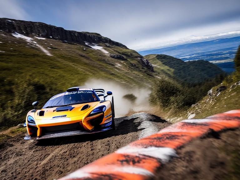 jumping in the air, mclaren senna rally car, driving on a gravel rally stage on a mountain, going off a jump