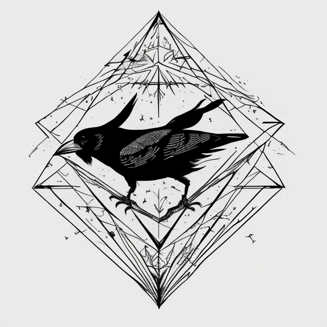 five raven make a black star, in Carne Griffiths art style, illustration, ink illustration, white background, Make a logo, on triangle shape, minimal structure, ((white background)), Ultra detailed, look at the camera