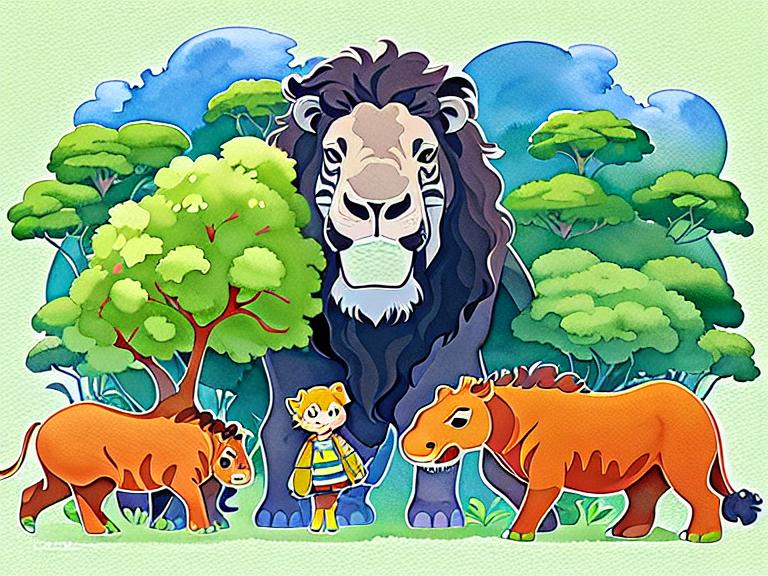 Lion, Hippo, Zebra and a giraffe side by side, black curly-silky hair, tan skin, wearing a backpack, style cartoon, colors, two-dimensional, planar vector, character design, T-shirt design, stickers, colorful splashes, and T-shirt design, Studio Ghibli style, soft tetrad color, vector art, fantasy art, watercolor effect, Alphonse Mucha, Adobe Illustrator, digital painting, low polygon, soft lighting, aerial view, isometric style, retro aesthetics, focusing on people, 8K resolution, octane render