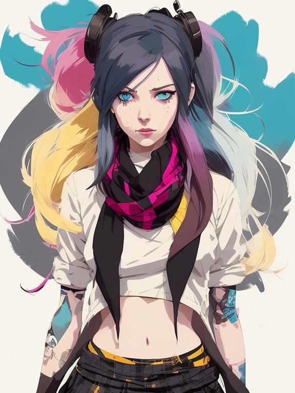 Pretty girl anime realistic with long hair, blue eyes, tartan scarf, white hair by atey ghailan, by greg rutkowski, by greg tocchini, by james gilleard, by joe fenton, by kaethe butcher, gradient yellow, black, brown and magenta color scheme, grunge aesthetic!!! graffiti tag wall background, highly detailed portrait