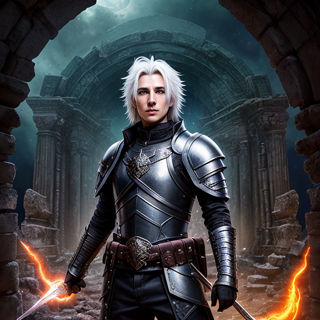 A young man with wispy white hair wears leather armor and has a magic spell book. He travels through ancient ruins., feeding, blood, gore, thrilling, scary, highly detailed, masterpiece, hdr, 8k wallpaper, hologram floating in space, a vibrant digital illustration, dribble, quantum wave tracing, black background, Behance hd, blood cover theme, Monster