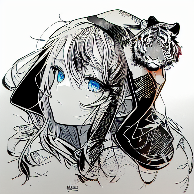 black and white, A chibi girl wearing a onesie, and a tiger hoodie, with long hair, full body, profile, full body, profile, white background, in the style of Charlie Bowater, digital illustration, with beautiful eyes and full black curly hair, flawless line art, in Carne Griffiths art style, illustration, ink illustration, white background, Make a logo, on triangle shape, minimal structure, ((white background)), Ultra detailed, look at the camera, in Carne Griffiths art style, illustration, ink illustration, white background, Make a logo, on triangle shape, minimal structure, ((white background)), Ultra detailed, look at the camera, in Carne Griffiths art style, illustration, ink illustration, white background, Make a logo, on triangle shape, minimal structure, ((white background)), Ultra detailed, look at the camera