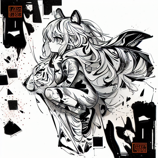 black and white, A chibi girl wearing a onesie, with a tiger hoodie, with long hair, full body, profile, full body, profile, white background, in the style of Charlie Bowater, digital illustration, with beautiful eyes and full black curly hair, flawless line art, in Carne Griffiths art style, illustration, ink illustration, white background, Make a logo, on triangle shape, minimal structure, ((white background)), Ultra detailed, look at the camera, in Carne Griffiths art style, illustration, ink illustration, white background, Make a logo, on triangle shape, minimal structure, ((white background)), Ultra detailed, look at the camera, in Carne Griffiths art style, illustration, ink illustration, white background, Make a logo, on triangle shape, minimal structure, ((white background)), Ultra detailed, look at the camera